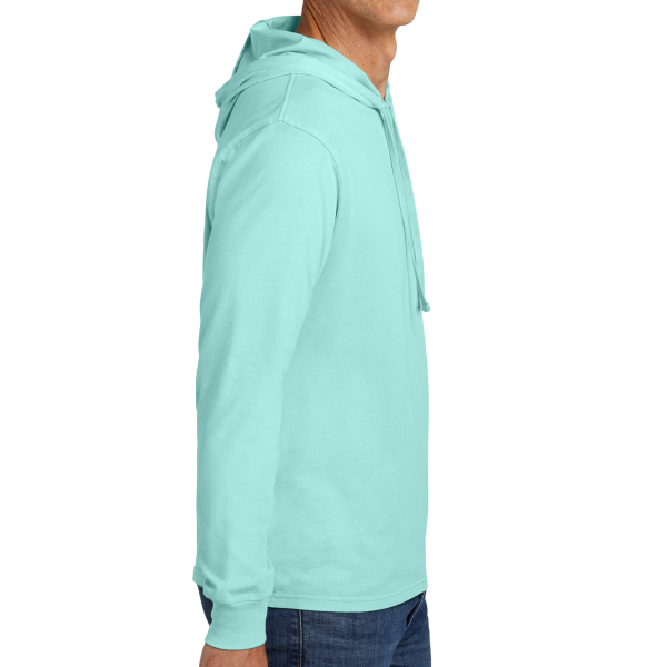 AllMade Unisex Mineral Dye Organic Cotton Hoodie Tee, Saltwater Blue, Right Sleeve view