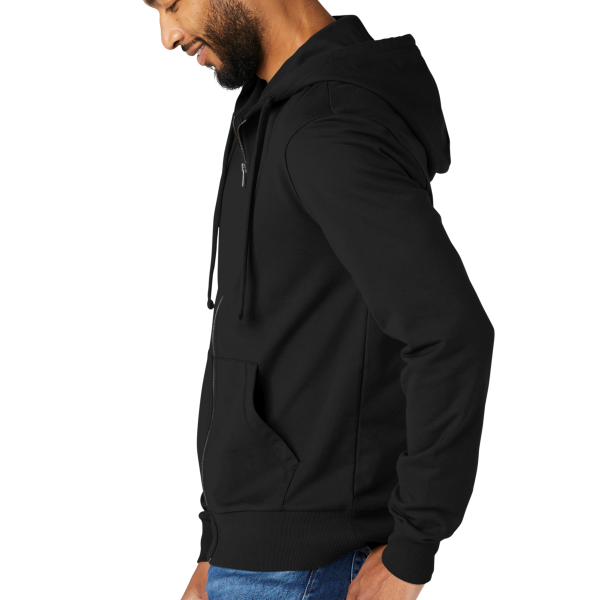 AllMade Unisex Organic French Terry Full Zip Hoodie, Deep Black, Left Sleeve view