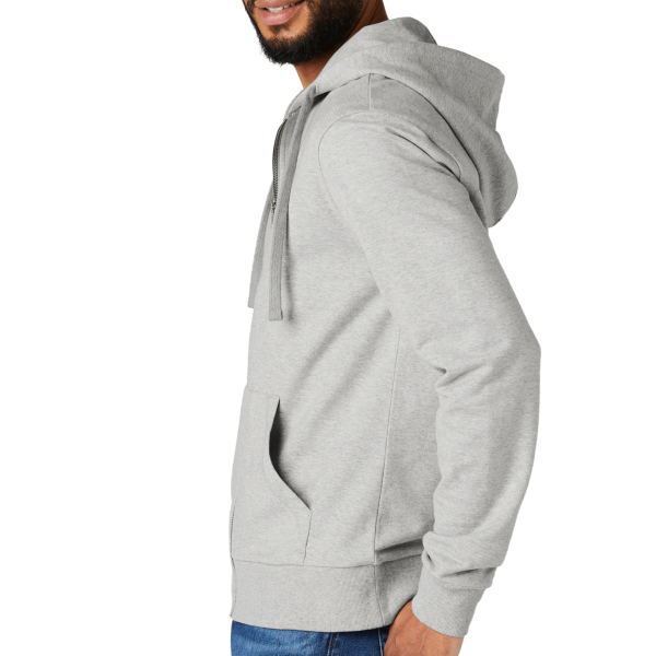 AllMade Unisex Organic French Terry Full Zip Hoodie, Granite Grey Heather, Left Sleeve view
