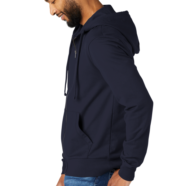 AllMade Unisex Organic French Terry Full Zip Hoodie, Night Sky Navy, Left Sleeve view