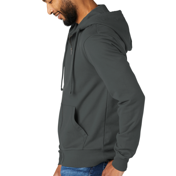 AllMade Unisex Organic French Terry Full Zip Hoodie, Terrain Grey, Left Sleeve view