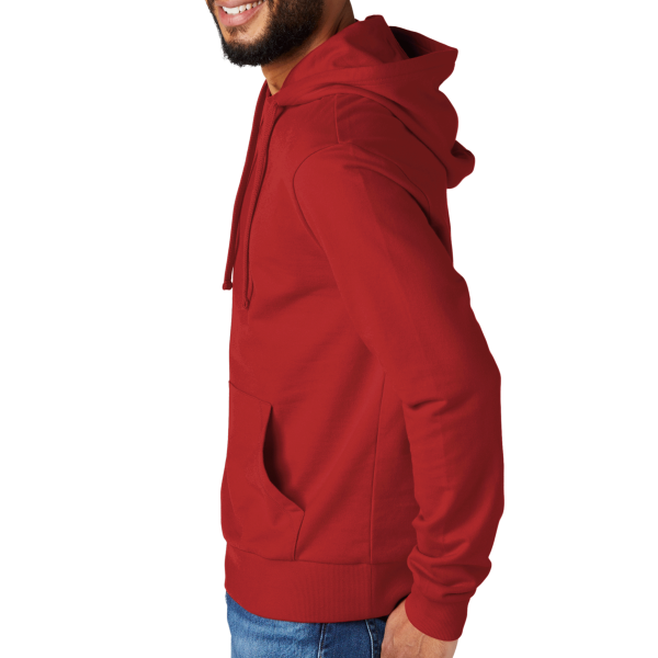 AllMade Unisex Organic French Terry Pullover Hoodie, Revolution Red, Left Sleeve view
