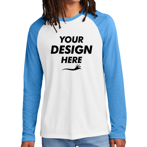AllMade Unisex Tri Blend Long Sleeve Colorblock Raglan, Azure Blue / Bright White, Front view, Mockup