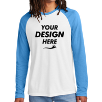 AllMade Unisex Tri Blend Long Sleeve Colorblock Raglan, Azure Blue / Bright White, Front view, Mockup