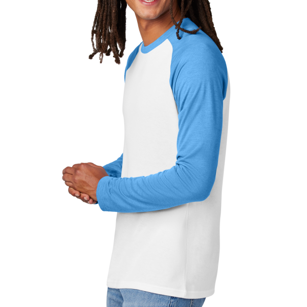 AllMade Unisex Tri Blend Long Sleeve Colorblock Raglan, Azure Blue / Bright White, Left Sleeve view