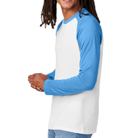 AllMade Unisex Tri Blend Long Sleeve Colorblock Raglan, Azure Blue / Bright White, Left Sleeve view
