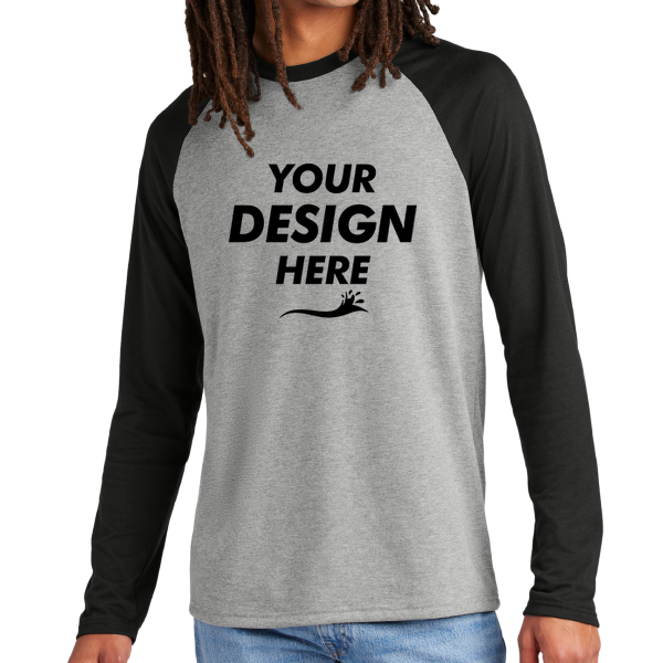 AllMade Unisex Tri Blend Long Sleeve Colorblock Raglan, Deep Black / Aluminum Grey, Front view, Mockup