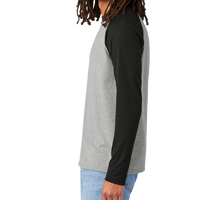AllMade Unisex Tri Blend Long Sleeve Colorblock Raglan, Deep Black / Aluminum Grey, Left Sleeve view