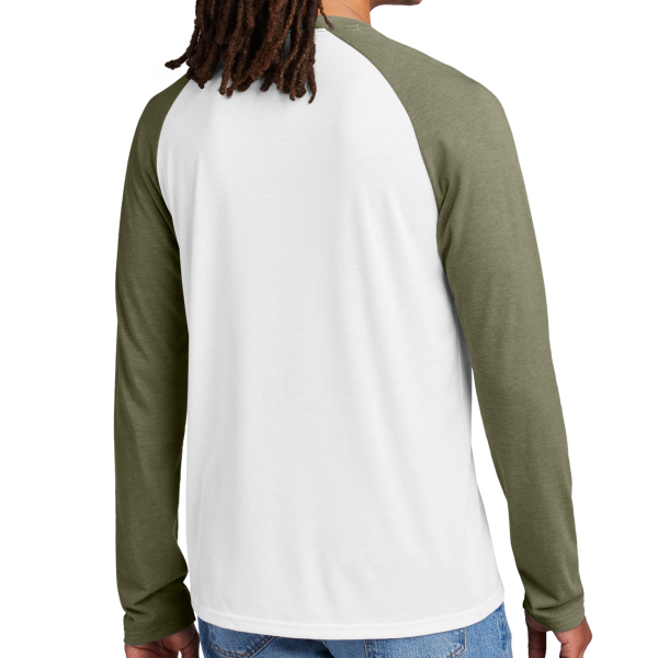 AllMade Unisex Tri Blend Long Sleeve Colorblock Raglan, Olive You Green / Bright White, Back view