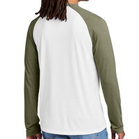 AllMade Unisex Tri Blend Long Sleeve Colorblock Raglan, Olive You Green / Bright White, Back view