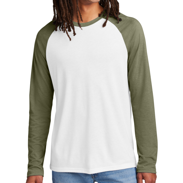 AllMade Unisex Tri Blend Long Sleeve Colorblock Raglan, Olive You Green / Bright White, Front view