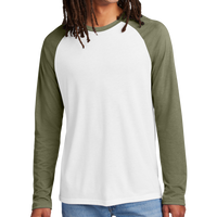 AllMade Unisex Tri Blend Long Sleeve Colorblock Raglan, Olive You Green / Bright White, Front view