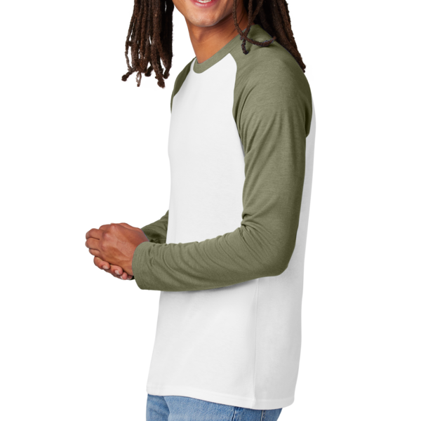 AllMade Unisex Tri Blend Long Sleeve Colorblock Raglan, Olive You Green / Bright White, Left Sleeve view