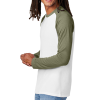 AllMade Unisex Tri Blend Long Sleeve Colorblock Raglan, Olive You Green / Bright White, Left Sleeve view