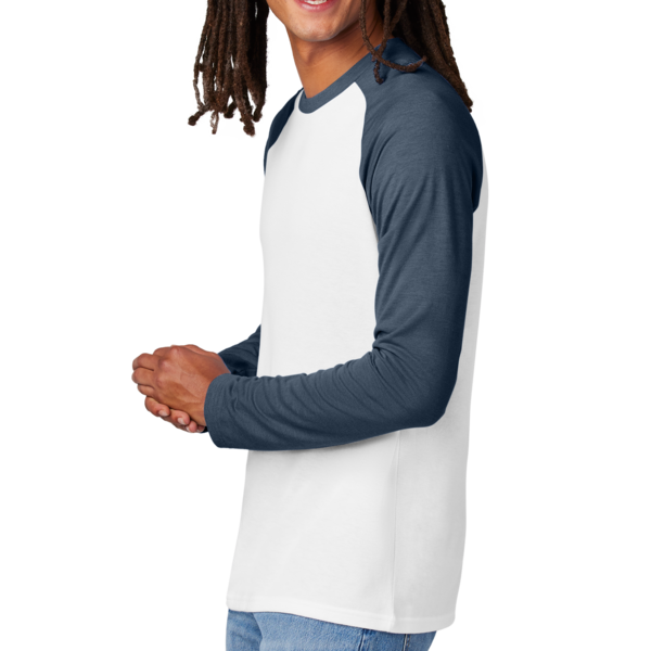AllMade Unisex Tri Blend Long Sleeve Colorblock Raglan, Rebel Blue / Bright White, Left Sleeve view