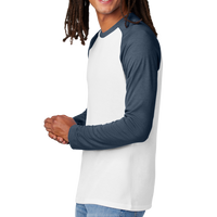 AllMade Unisex Tri Blend Long Sleeve Colorblock Raglan, Rebel Blue / Bright White, Left Sleeve view