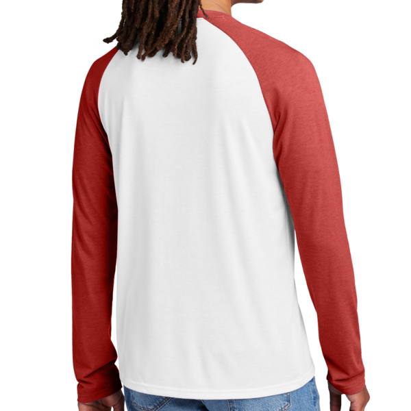 AllMade Unisex Tri Blend Long Sleeve Colorblock Raglan, Rise Up Red / Bright White, Back view