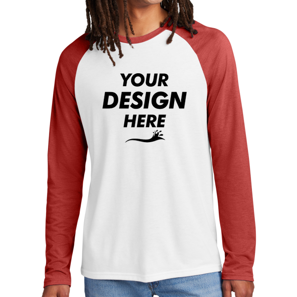 AllMade Unisex Tri Blend Long Sleeve Colorblock Raglan, Rise Up Red / Bright White, Front view, Mockup