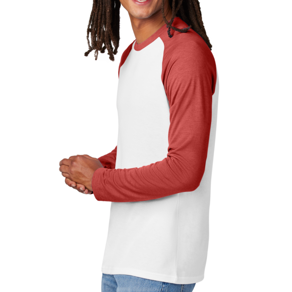 AllMade Unisex Tri Blend Long Sleeve Colorblock Raglan, Rise Up Red / Bright White, Left Sleeve view