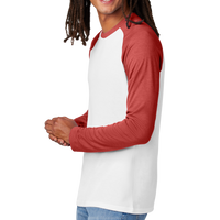 AllMade Unisex Tri Blend Long Sleeve Colorblock Raglan, Rise Up Red / Bright White, Left Sleeve view