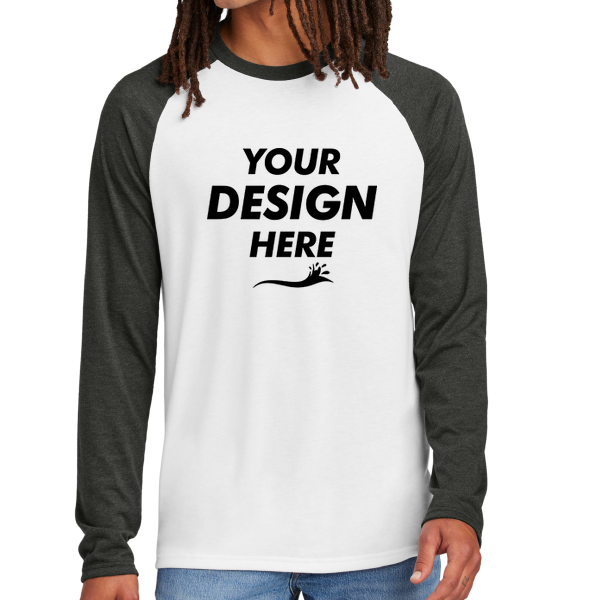 AllMade Unisex Tri Blend Long Sleeve Colorblock Raglan, Space Black / Bright White, Front view, Mockup