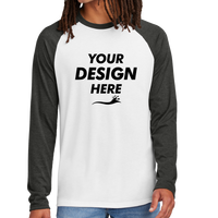 AllMade Unisex Tri Blend Long Sleeve Colorblock Raglan, Space Black / Bright White, Front view, Mockup
