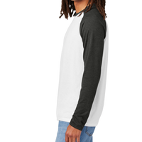 AllMade Unisex Tri Blend Long Sleeve Colorblock Raglan, Space Black / Bright White, Left Sleeve view