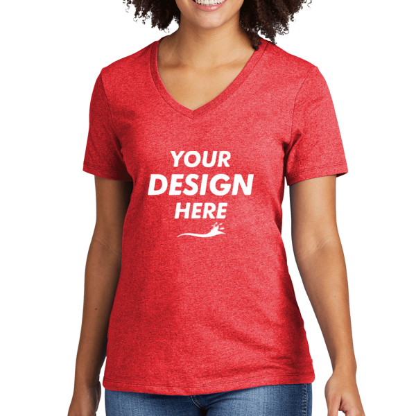 AllMade Women's Recycled Blend V Neck Tee, Reclaimed Red Heather, Front view, Mockup