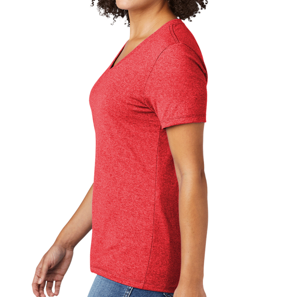 AllMade Women's Recycled Blend V Neck Tee, Reclaimed Red Heather, Left Sleeve view