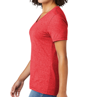 AllMade Women's Recycled Blend V Neck Tee, Reclaimed Red Heather, Left Sleeve view