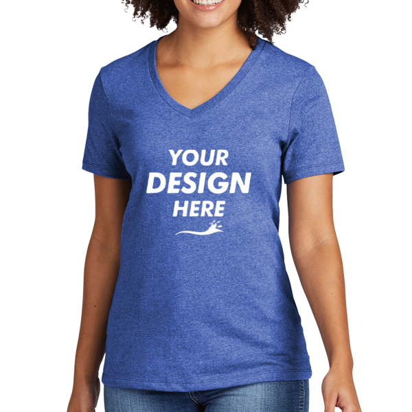AllMade Women's Recycled Blend V Neck Tee, Reused Royal Heather, Front view, Mockup