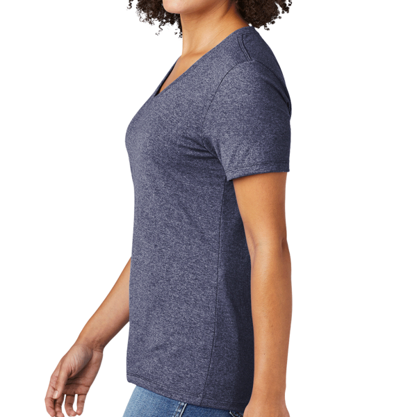 AllMade Women's Recycled Blend V Neck Tee, Salvaged Navy Heather, Left Sleeve view