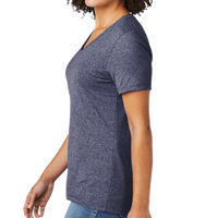 AllMade Women's Recycled Blend V Neck Tee, Salvaged Navy Heather, Left Sleeve view