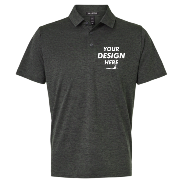 AllPro Men's Pro-Lock Performance Mélange Polo, Black Melange, Front view, Mockup