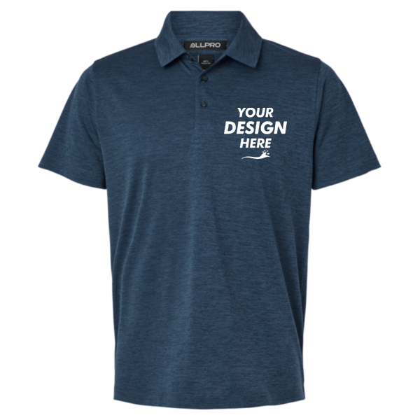 AllPro Men's Pro-Lock Performance Mélange Polo, Navy Melange, Front view, Mockup