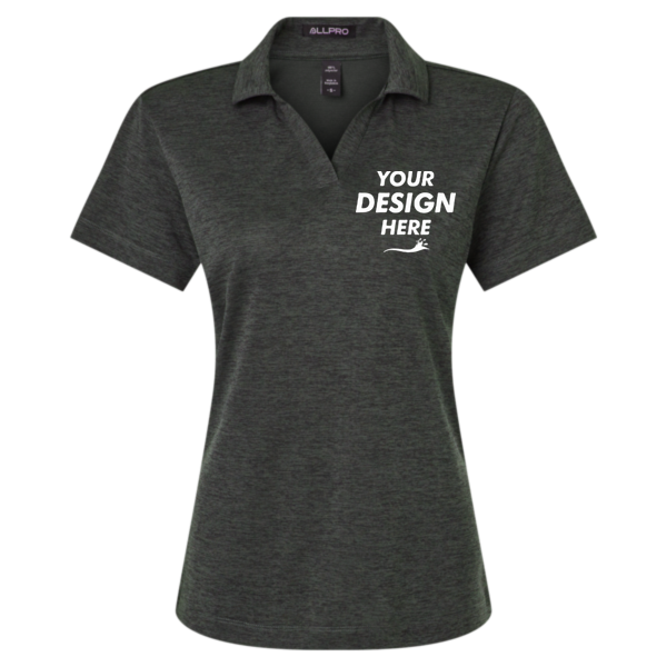 AllPro Women's Pro-Lock Performance Mélange Polo, Black Melange, Front view, Mockup