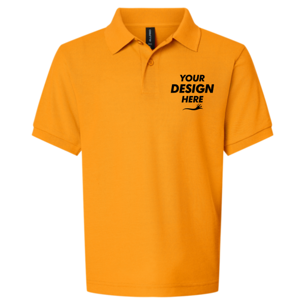AllPro Youth Pique Polo, Gold, Front view, Mockup