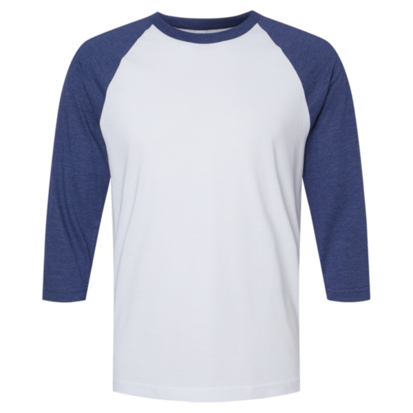 American Apparel Unisex CVC Three-Quarter Sleeve Tee, White / Heather Indigo, Front view