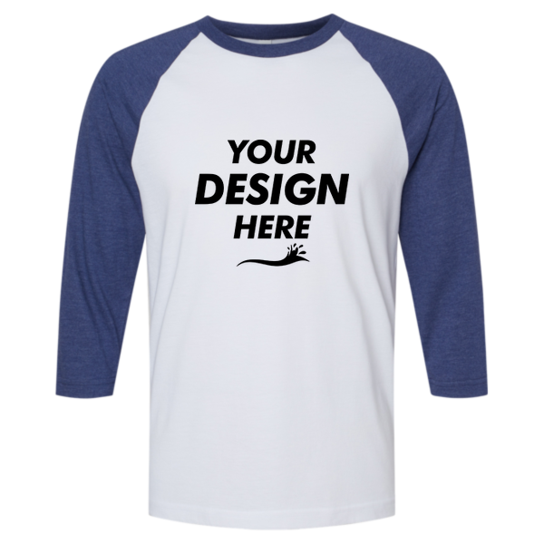 American Apparel Unisex CVC Three-Quarter Sleeve Tee, White / Heather Indigo, Front view, Mockup