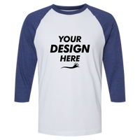 American Apparel Unisex CVC Three-Quarter Sleeve Tee, White / Heather Indigo, Front view, Mockup