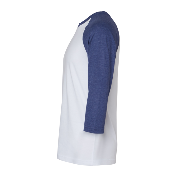 American Apparel Unisex CVC Three-Quarter Sleeve Tee, White / Heather Indigo, Left Sleeve view