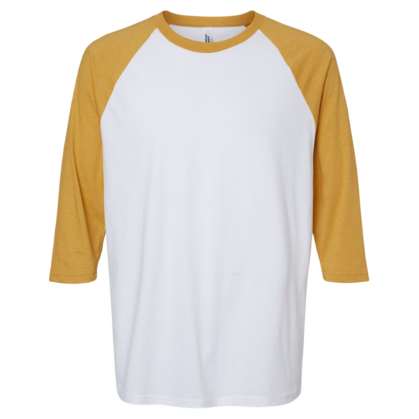 American Apparel Unisex CVC Three-Quarter Sleeve Tee, White / Heather Mustard, Front view