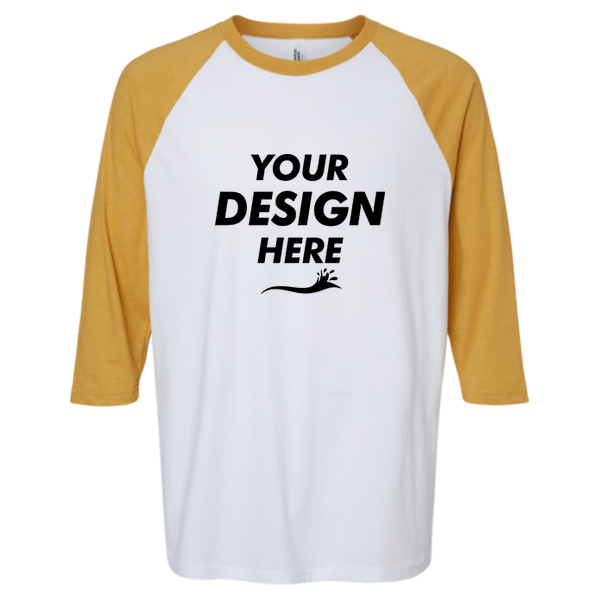 American Apparel Unisex CVC Three-Quarter Sleeve Tee, White / Heather Mustard, Front view, Mockup
