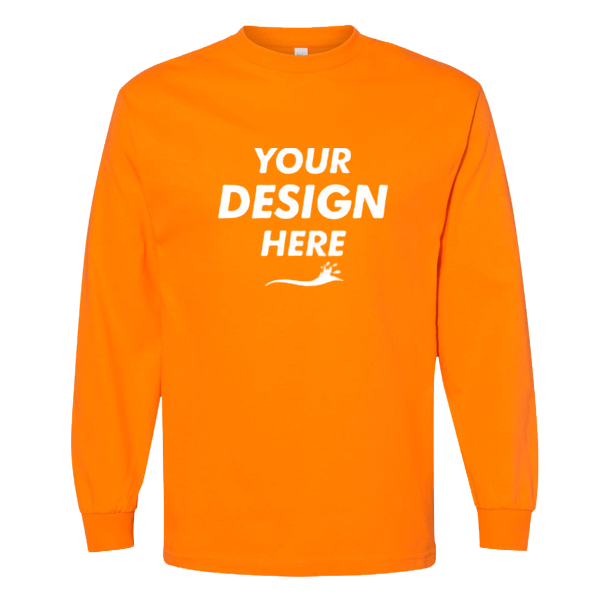 American Apparel Unisex Heavyweight Cotton Long Sleeve Tee, Orange, Front view, Mockup