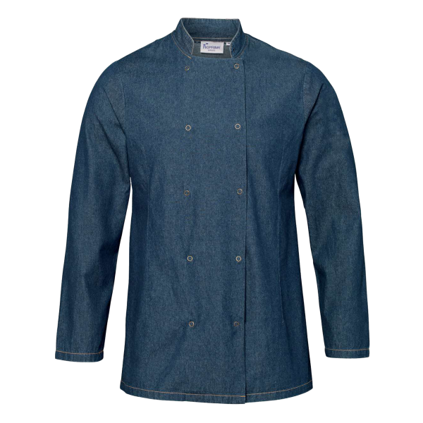 Artisan Collection by Reprime Unisex Denim Chef's Jacket, Denim Blue, Front view