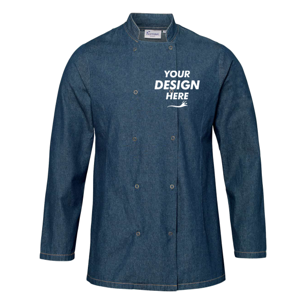 Artisan Collection by Reprime Unisex Denim Chef's Jacket, Denim Blue, Front view, Mockup