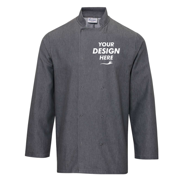 Artisan Collection by Reprime Unisex Denim Chef's Jacket, Grey Denim, Front view, Mockup