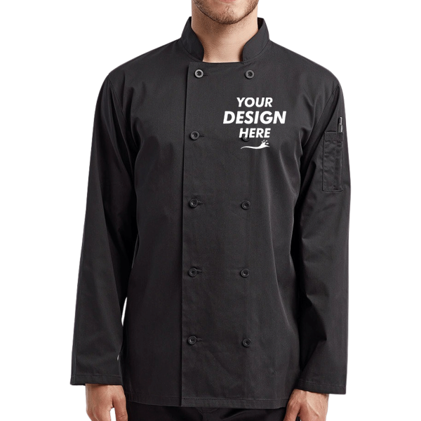 Artisan Collection by Reprime Unisex Recycled Chef Coat, Black, Front view, Mockup