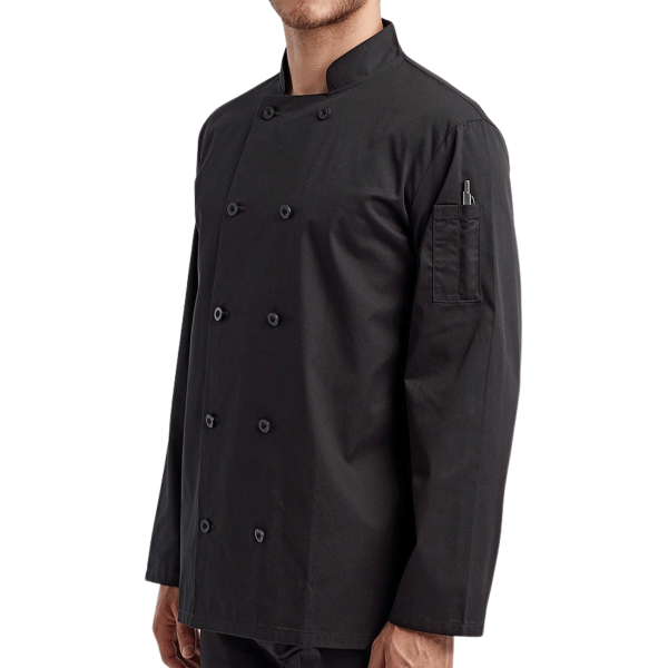 Artisan Collection by Reprime Unisex Recycled Chef Coat, Black, Left Sleeve view