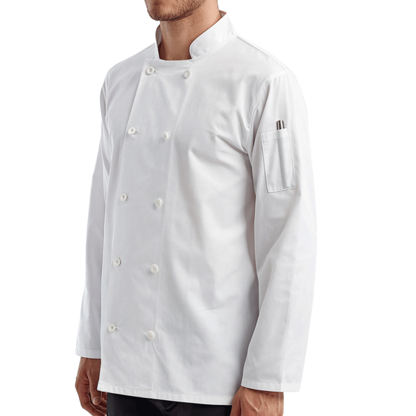 Artisan Collection by Reprime Unisex Recycled Chef Coat, White, Left Sleeve view
